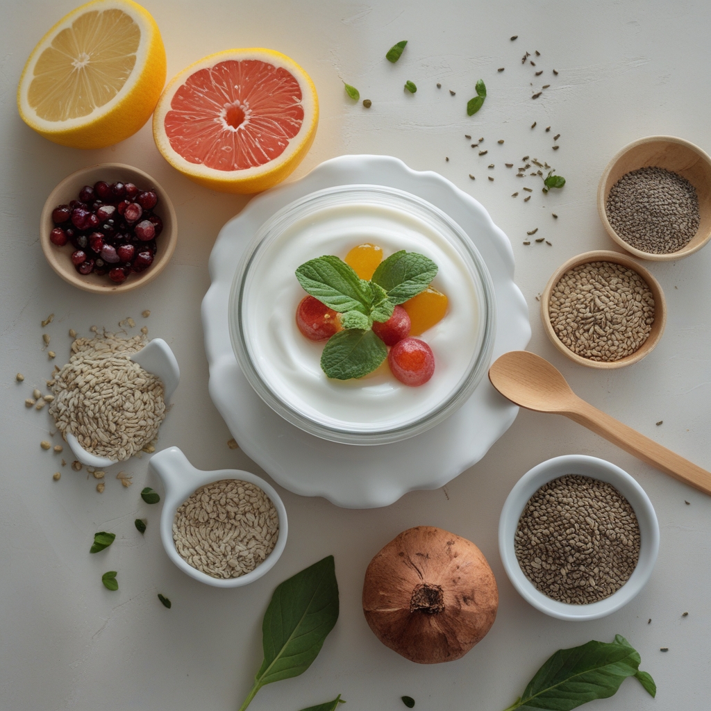 Semangkuk yogurt putih segar dengan potongan buah-buahan berwarna cerah dan taburan biji chia di atas meja putih bersih, menggambarkan makanan sehat untuk pencernaan