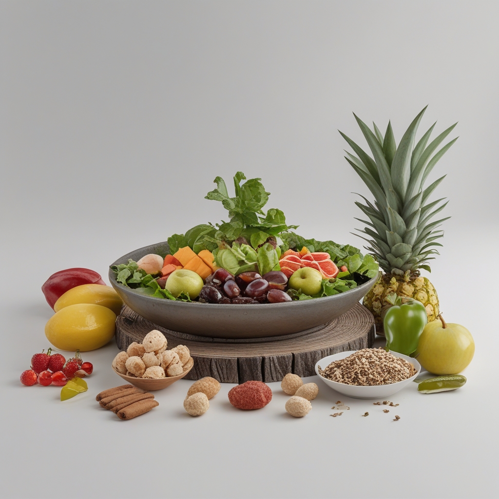 Meja makan dengan berbagai makanan bergizi seperti sayuran hijau, buah-buahan segar, kacang-kacangan, dan biji-bijian di atas piring putih bersih