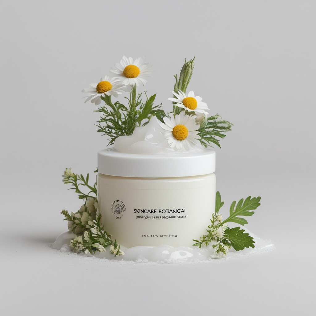 Berbagai bahan perawatan kulit alami seperti botol minyak esensial kecil, potongan lidah buaya segar, dan bunga chamomile di atas permukaan marmer putih